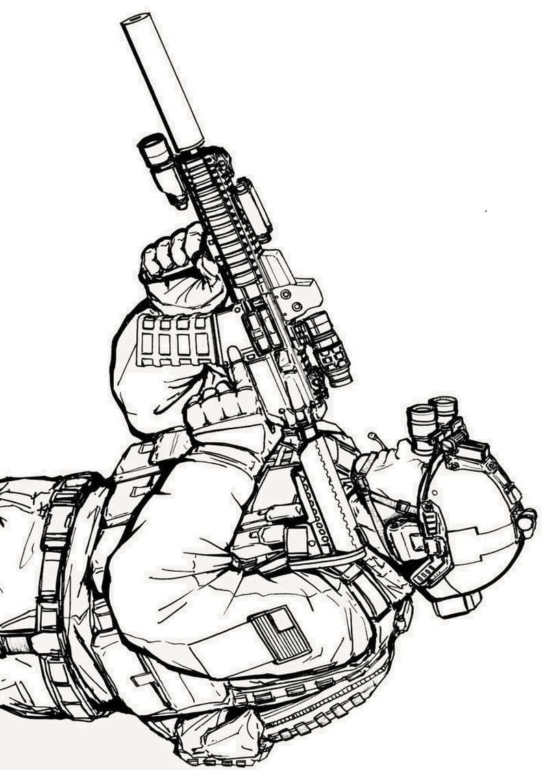 kolorowanka żołnierz marine z karabinem i celownikiem szkic do wydruku dla chłopców nr 23